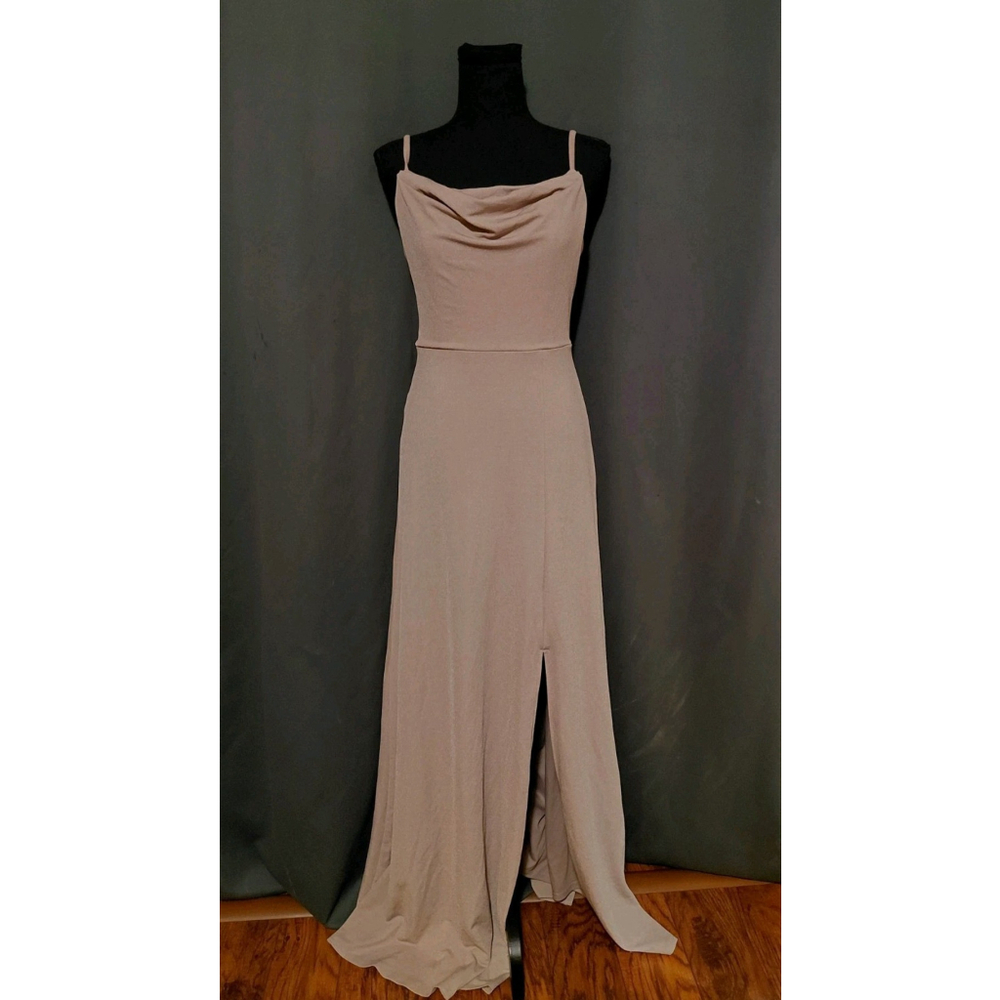 BIRDY GREY Ash Crepe Long Maxi Formal Dress Taupe With Slit Size Small NWOT - Picture 4 of 13